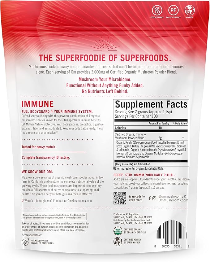 OM MUSHROOM SUPERFOOD Immune Blend Mushroom Powder Superfood Supplement, 7.05 Ounce Pouch, 100 Servings, Mushroom Blend, Reishi & Turkey Tail; Daily Immune Support Supplement