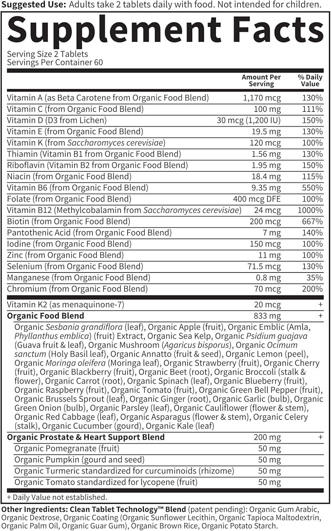 Garden of Life Organics Whole Food Multivitamin for Men 40+ 120 Tablets, Vegan Mens Multi for Health & Well-Being Certified Organic Whole Food Vitamins & Minerals for Men Over 40 Mens Vitamins