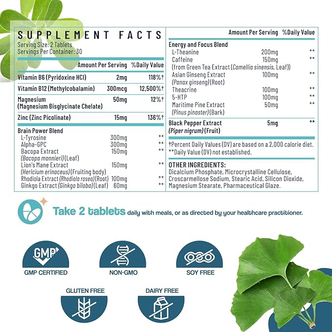 17-in-1 Brain Supplement for Memory and Focus | Nootropic Brain Supplement for Mental Clarity, Concentration, Alertness | Natural Nootropics with Herbal Extracts, Vitamins & Amino Acids (60 Tablets)