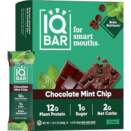IQBAR Brain and Body Plant Protein Bars - Chocolate Mint Chip - 12-Count Low Carb - Gluten Free, High Fiber, Vegan Snacks - Low Sugar Meal Replacement