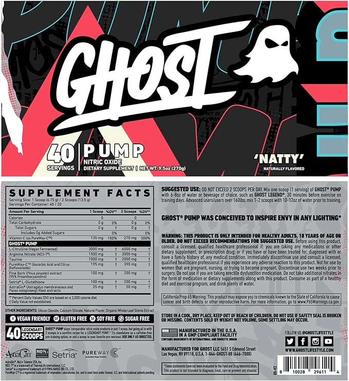 GHOST Pump Nitric Oxide Powder, Natty 40 Servings