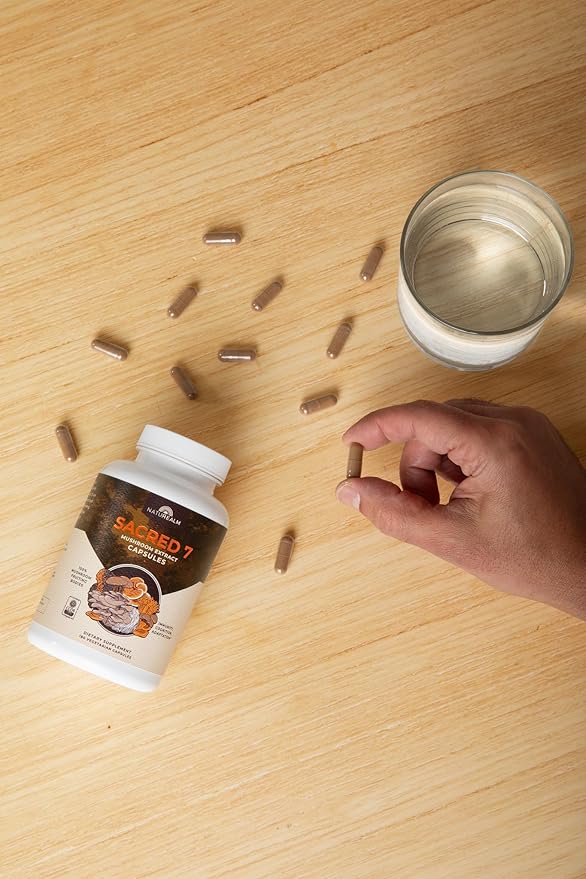 Naturealm Sacred 7 Organic Mushroom Extract Capsules - Premium 7 Mushroom Supplement with Lions Mane, Reishi, Chaga - USDA Organic Immune Support & Focus - 180 Vegetarian Capsules