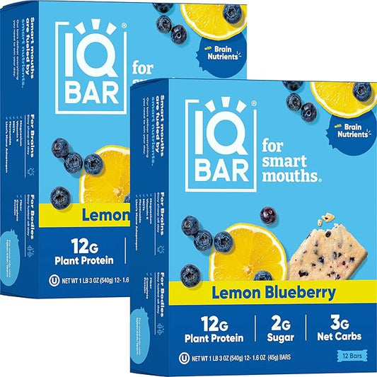 IQBAR Brain and Body Plant Protein Bars - Lemon Blueberry - 24-Count Low Carb - Gluten Free, High Fiber, Vegan Snacks - Low Sugar Meal Replacement