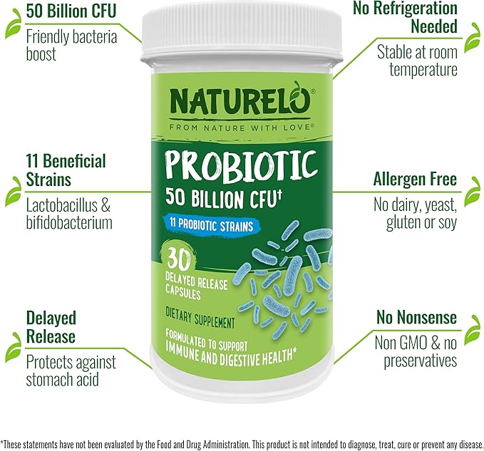 NATURELO Probiotics for Digestive Health 50 Billion 11 Strains 30 Vegetarian