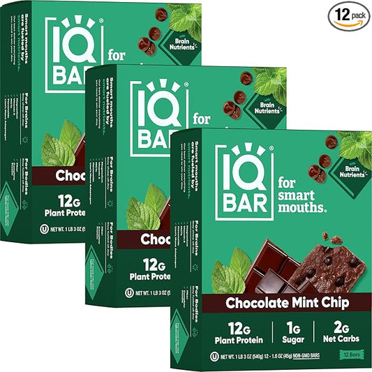 IQBAR Brain and Body Plant Protein Bars - Chocolate Mint Chip - 36-Count Low Carb - Gluten Free, High Fiber, Vegan Snacks - Low Sugar Meal Replacement