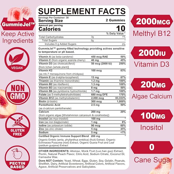 Sugar-Free Methylated Multivitamin for Women Gummies, B12, D3 D3 K2, K2, Iron, 120Cts