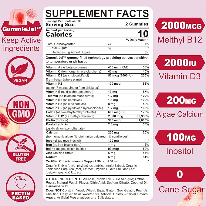 Sugar-Free Methylated Multivitamin for Women Gummies D3, E, B12, Iron,