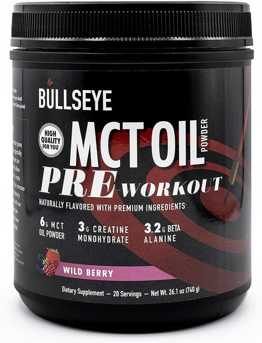 Bullseye MCT Oil Pre Workout Supplement - Creatine Monohydrate, Medium Chain Triglycerides, Beta Alanine, Caffeine, L-Citrulline, Muscle Gainer, Focus, Endurance, Energy -20 Servings - Wild Berry