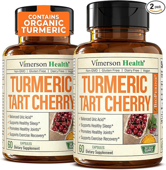 Turmeric Supplement with 10:1 Tart Cherry Extract, Turmeric Curcumin with Black Pepper & Organic Tumeric. 600mg Tart Cherry Capsules. Aids Uric Acid Balance, Joint, Muscle, Sleep Support. 2 Pack
