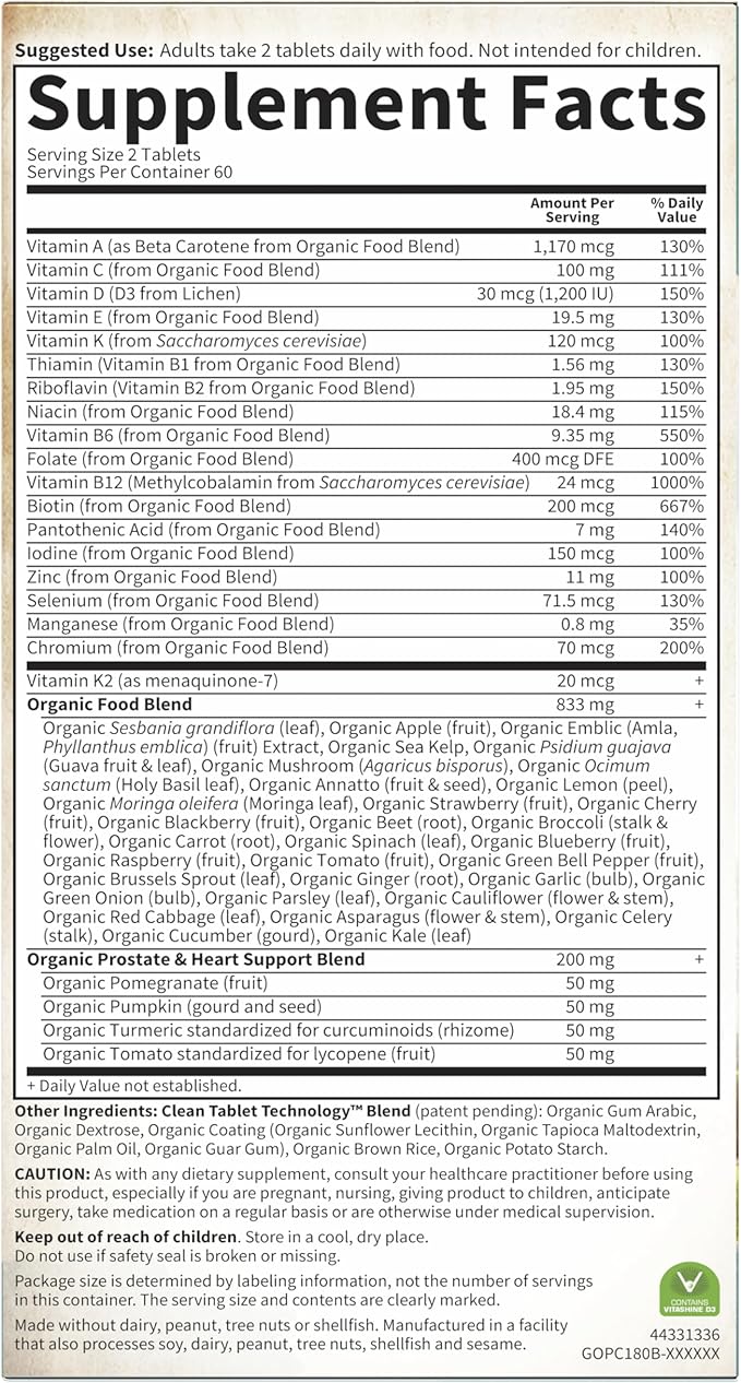 Garden of Life Organics Whole Food Multivitamin for Men 40+ 120 Tablets, Vegan Mens Multi for Health & Well-Being Certified Organic Whole Food Vitamins & Minerals for Men Over 40 Mens Vitamins