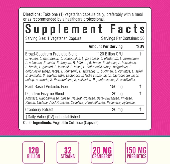 Women's Probiotic, 120 Billion & 32 Strains with Cranberry, Prebiotics & Digestive Enzymes, Gut, Vaginal & Urinary Tract Support, 30 Delayed Release Capsules