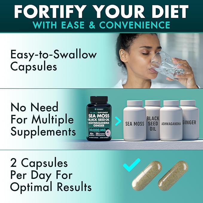 Irish Sea Moss Black Seed Oil Ashwagandha Ginger, 20,000mg Capsules, Seamoss Black Seed Oil Ashwagandha Burdock Root, Sea Moss and Ashwagandha, All in One Supplement, 120 Sea Moss Capsules