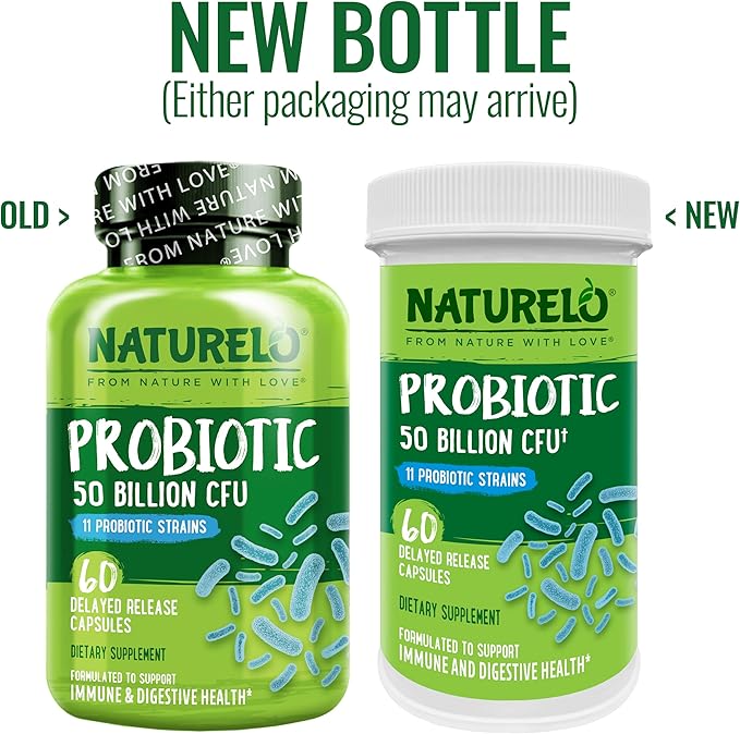 NATURELO Probiotics for Digestive Health 50 Billion 11 Strains 60 Vegetarian