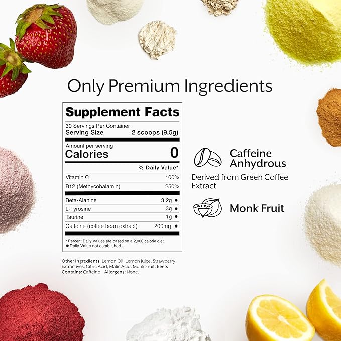 Promix Pre-Workout Powder, Strawberry Lemon B12, Caffeine,