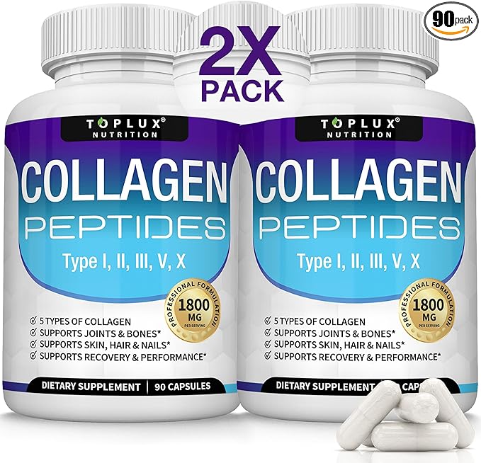 Toplux Multi Collagen Peptides Pills 1800 Mg Complex - Type I, II, III, V, X Premium Collagen Complex for Better Skin & Hair, Strong Joint, Hydrolyzed Protein, for Men Women, 90 Capsules, Supplement