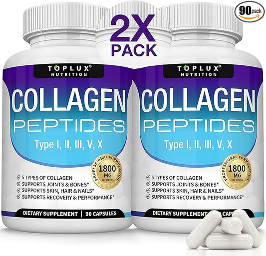 Toplux Multi Collagen Peptides Pills 1800 Mg Complex - Type I, II, III, V, X Premium Collagen Complex for Better Skin & Hair, Strong Joint, Hydrolyzed Protein, for Men Women, 90 Capsules, Supplement