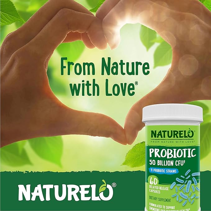 NATURELO Probiotics for Digestive Health 50 Billion 11 Strains 60 Vegetarian
