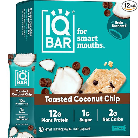 IQBAR Brain and Body Plant Protein Bars - Toasted Coconut Chip - 12-Count Low Carb - Gluten Free, High Fiber, Vegan Snacks - Low Sugar Meal Replacement
