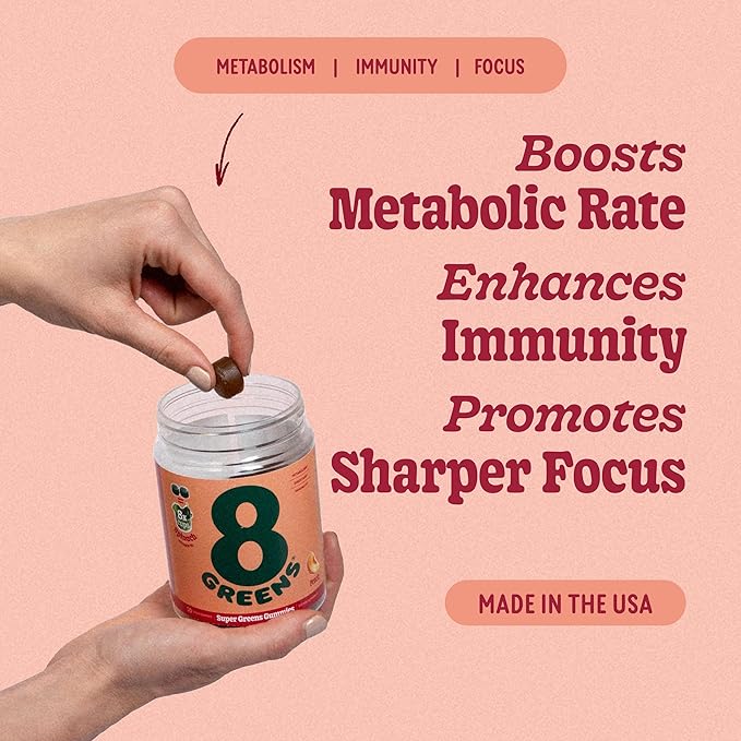 8Greens Supergreens Gummies | Super Greens Powder Superfood Gummy for Metabolism, Immunity & Focus, Digestive Health Enzymes, Organic: Chlorella, Spirulina, Aloe Vera, Peach Flavor, 150 Count