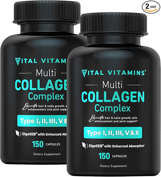 Vital Vitamins Multi Collagen Peptides (2-Pack) - for Women & Men - Hydrolyzed Types I, II, III, V, X - Grass-Fed, Non-GMO - 300 Capsules