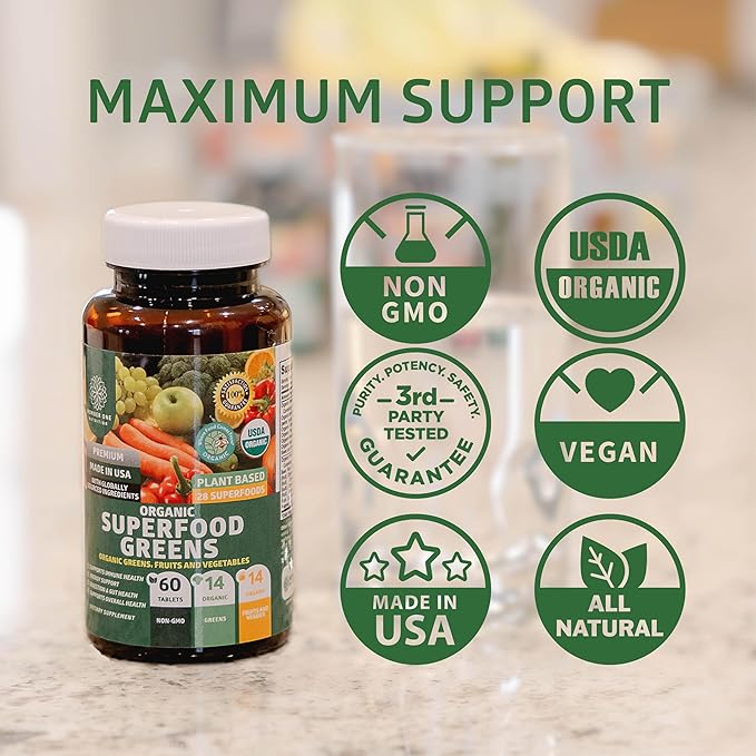 N1N Premium Organic Superfood Greens [28 Powerful Ingredients] Natural Fruit and Veggie Supplement with Alfalfa, Beet Root and Ginger to Boost Energy, Immunity and Gut Health, Made in USA, 60 Ct