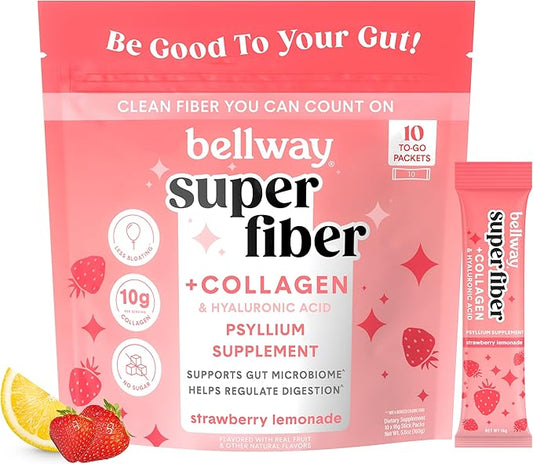 Bellway Super Fiber Packets + Collagen, Sugar-Free Psyllium Husk Powder with Collagen Peptides & Hyaluronic Acid for Gut Health, Healthy Skin, Nails, Bones & Joints, Strawberry Lemonade (10 Packets)