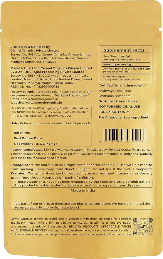 CARMEL ORGANICS Organic Ashwagandha Root Powder, 16 Oz 1 Lbs