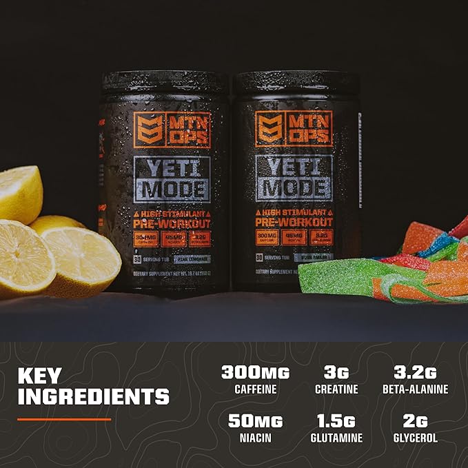 MTN OPS Yeti Mode Pre-Workout Powder - Explosive High-Stimulant with 300mg Caffeine, Creatine Monohydrate, Beta-Alanine, and 45mg Niacin - Sour Smash Flavor in 30 Serving Tub