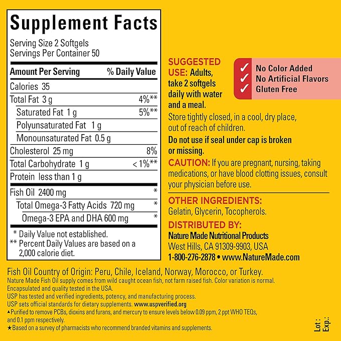 Nature Made Fish Oil 1200 mg 3 Fish 3 Supplement 100 Softgels, 50 Day