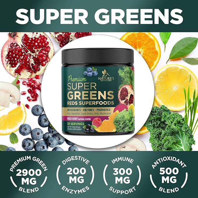 Greens Superfood Powder Drink Mix - Green Whole Food Blend for Energy & Gut Health with Organic Wheat Grass, Spirulina, Chlorella, Digestive Enzymes Antioxidant & Probiotics, Berry Flavor, 30 Servings
