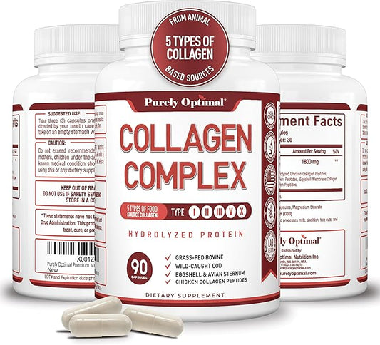 Purely Optimal Premium Multi Collagen Peptides Capsules (Types I, II, III, V, X) - Hair, Skin and Nails, Digestive & Joint Health Supplement, Hydrolyzed Collagen Pills (90 Capsules)
