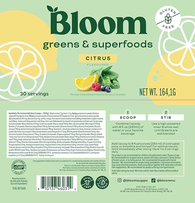 Bloom Nutrition Superfood Greens Powder, Digestive 30 SVG,