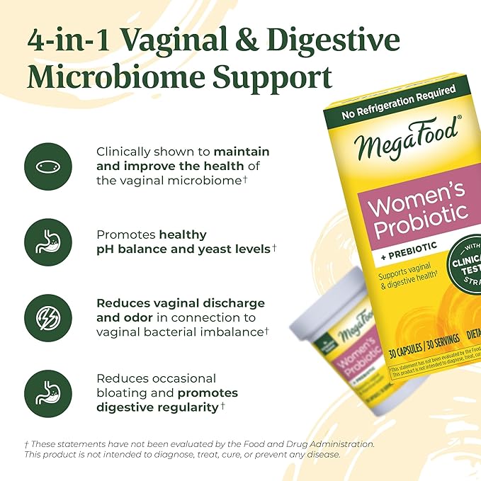 MegaFood Womens Probiotic + Prebiotic - Gluten-Free Prebiotics and Probiotics for Women, Supports Digestive Health & Regularity, Vaginal Probiotics for Healthy pH Levels, Vegetarian - 30 Capsules