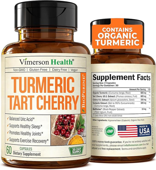 Turmeric Supplement with 10:1 Tart Cherry Extract, Turmeric Curcumin with Black Pepper & Organic Tumeric. 600mg Tart Cherry Capsules. Aids Uric Acid Balance, Joint, Muscle, Sleep Support. 60 Capsules