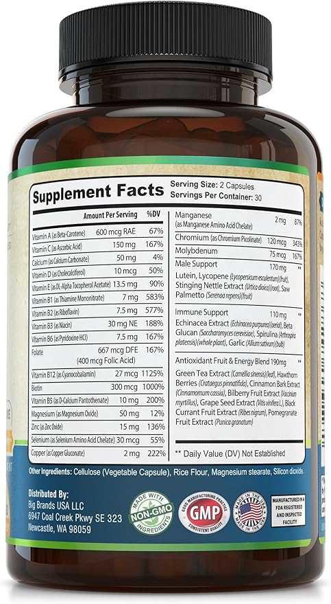 Mens Daily Multivitamin Multimineral Supplement 30+ Nutrients, 60 Capsules