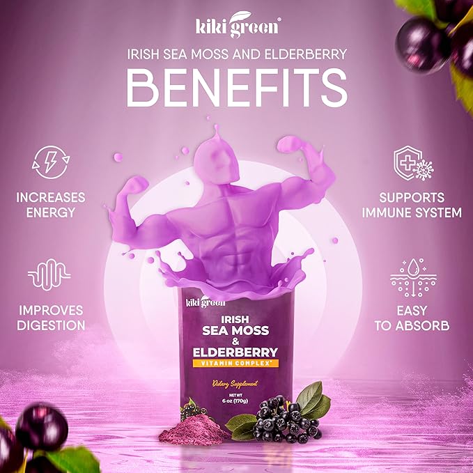 KIKI Green Sea Moss Powder with Elderberry - Vegan Superfood Multivitamin Blend - for Immune Boost and Support - Add to Smoothies, Juice, 6 oz