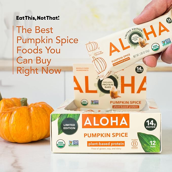 ALOHA Organic Plant Based Protein Bars - Pumpkin Spice, Vegan, Low Sugar, Gluten-Free, Low Carb, Non-GMO, No Stevia, No Erythritol - LIMITED EDITION, 12 Count (Pack of 1)