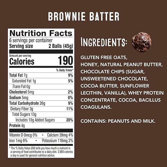 simplyFUEL Whole Food Protein Balls with Probiotics - Brownie Batter Snacks - 8g Protein Snack - Gluten Free Energy Balls (1 Pack of 12 Balls)