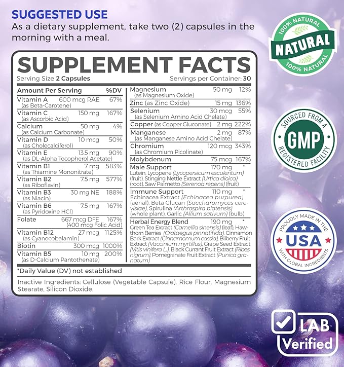 Multivitamin for Men (Non-GMO) Daily Mens 60 Capsules