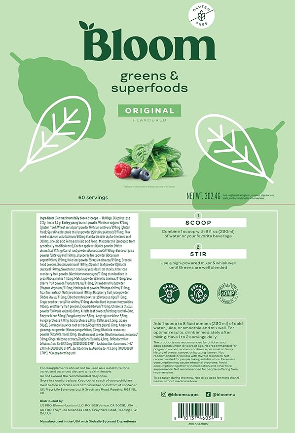 Bloom Nutrition Superfood Greens Powder, Digestive 60 SVG,