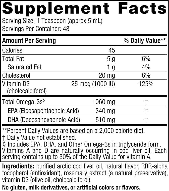 Nordic Naturals Arctic-D Cod Liver Oil, Lemon 8 oz 1060 mg Omega-3s + 1000 IU D3 - 48 Servings