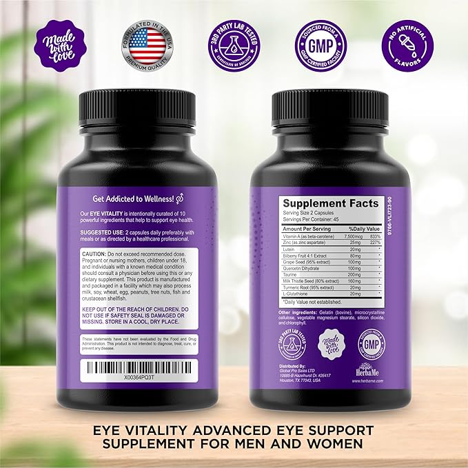 Eye Vitamins Supplement with Lutein, Bilberry, 90 Capsules,