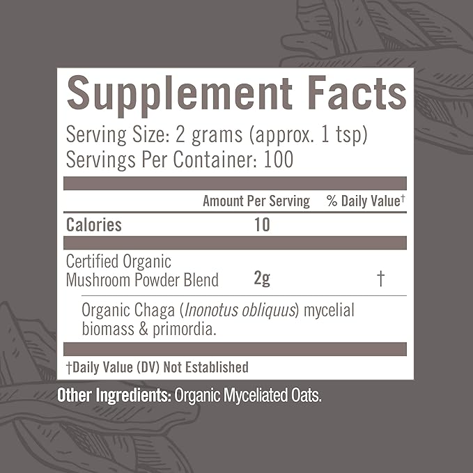 OM MUSHROOM SUPERFOOD Chaga Organic Mushroom Powder, 7.05 Ounce Pouch, 100 Servings, US Grown, Sacred Antioxidants & Immune Support, Superfood Mushroom Supplement