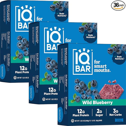 IQBAR Brain and Body Plant Protein Bars - Wild Blueberry - 36-Count Low Carb - Gluten Free, High Fiber, Vegan Snacks - Low Sugar Meal Replacement