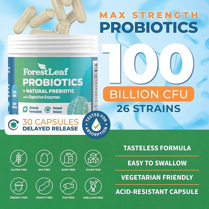 ForestLeaf Clinically Studied Probiotics 100 Billion CFU, 26 Strains with Organic Prebiotic Blend & Digestive Enzymes - Probiotic Prebiotic for Men & Women - Probiotics Digestive Health (30 Capsules)