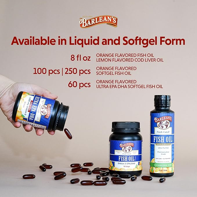 Barlean's Cod Liver Oil Liquid Supplement, 3 Fish 900mg EPA 8 oz