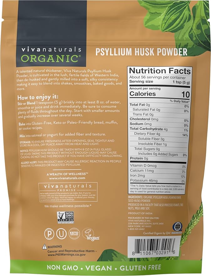Viva Naturals Organic Psyllium Husk Powder, 10 oz
