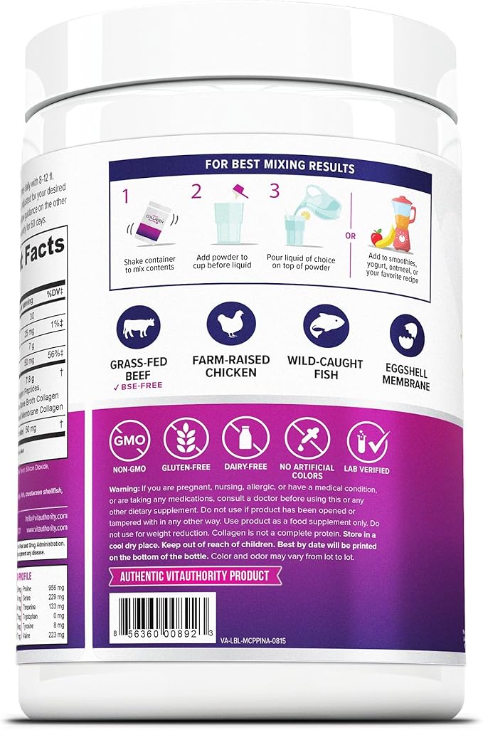 Multi Collagen Peptides Powder for Women and Men - Instant Dissolving Grass Fed Hydrolyzed Collagen Powder Drink Mix for Beautiful Hair Skin and Nails with Hyaluronic Acid and Vitamin C
