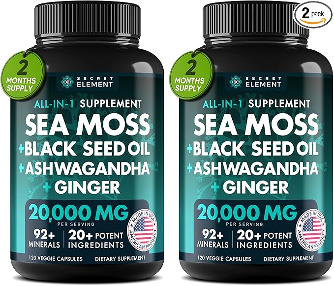 2 Pack Irish Sea Moss Black Seed Oil Ashwagandha Ginger, 20,000mg Capsules, Seamoss Black Seed Oil Ashwagandha Burdock Root, Sea Moss and Ashwagandha, All in One Supplement, 240 Sea Moss Capsules
