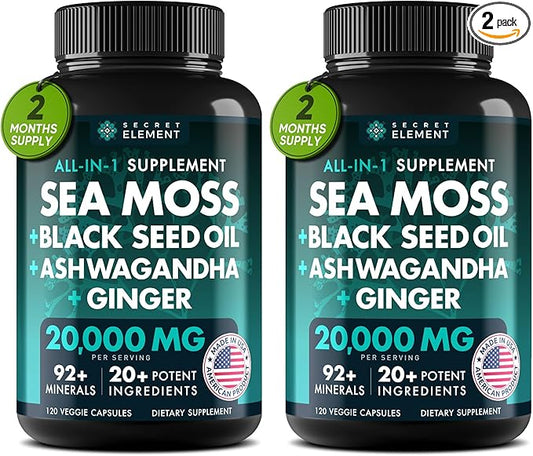 2 Pack Irish Sea Moss Black Seed Oil Ashwagandha Ginger, 20,000mg Capsules, Seamoss Black Seed Oil Ashwagandha Burdock Root, Sea Moss and Ashwagandha, All in One Supplement, 240 Sea Moss Capsules